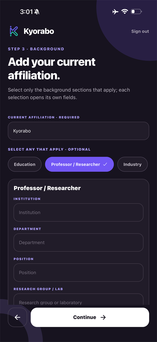 Affiliation, opened by what applies to you